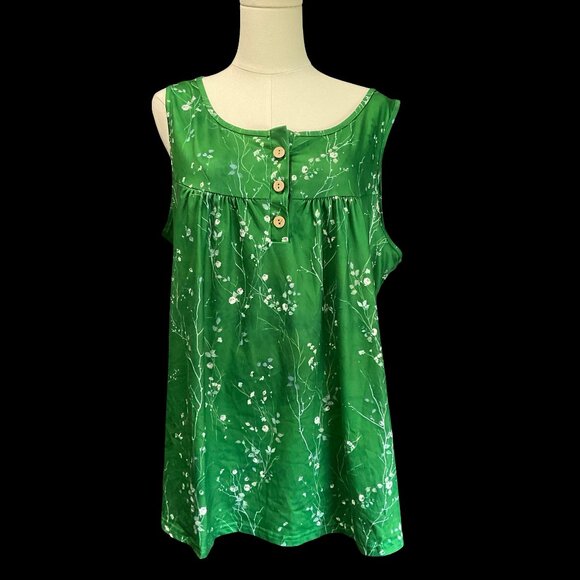 Tops - Green Floral Print Tank w/ Wooden Button Detail